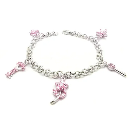 Heart bracelet for women-Pink CZ Key Flower on Rhodium Plated Sterling Silver Charm Bracelet 7" - 8"