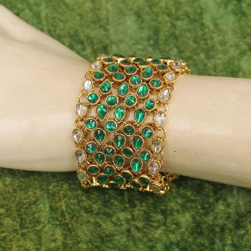 Engraved bracelet for women-Trendy Double Side Kundan Bracelet Green