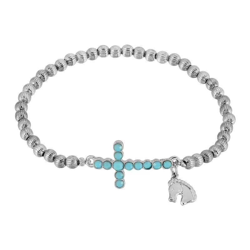 Diamond bracelet for women-1928 Jewelry® Silver Tone Turquoise Cross Horse Charm Stretch Bracelet