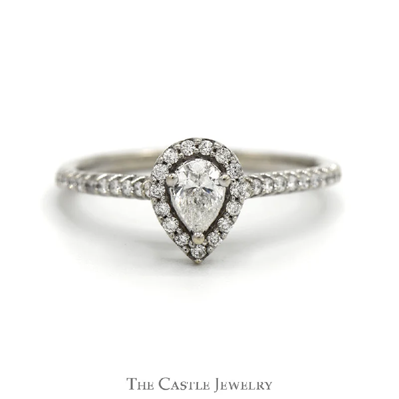 Bridal ring for women-Pear Cut Diamond Engagement Ring with Diamond Halo and Accented Sides in 14k White Gold