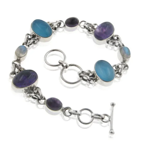 Custom diamond bracelet for women-Sterling Silver 8" Amethyst, Rainbow Moonstone, Blue Chalcedony Toggle Bracelet