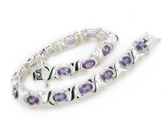 Pearl bangle for women-Sterling Silver Elegant X Link and Genuine Oval Amethyst Bracelet - 7.5"