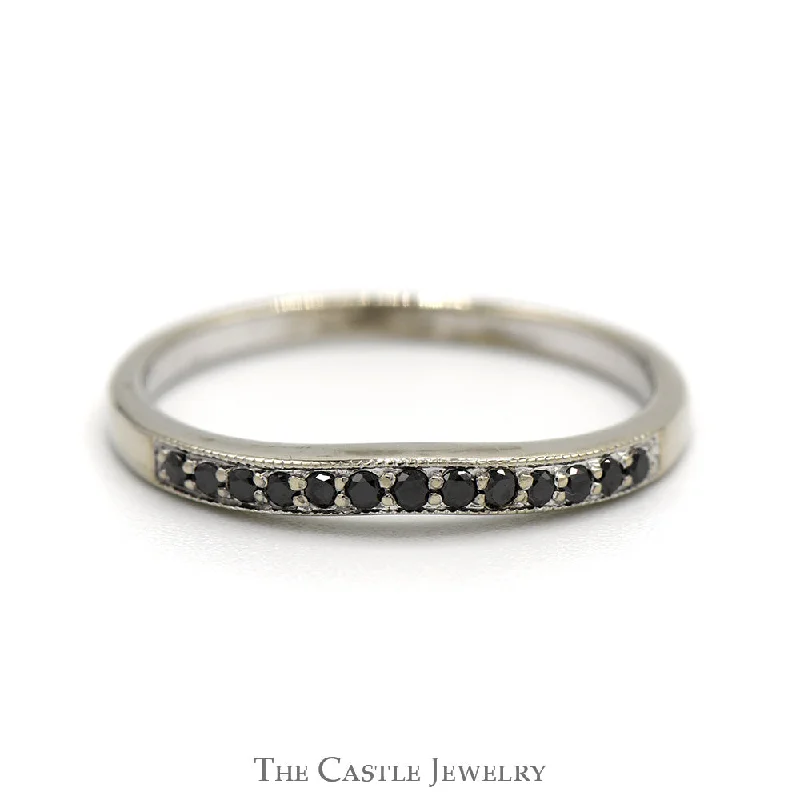 Stackable ring for women-Curved Black Diamond Wedding Band in 10k White Gold