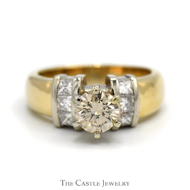 Solitaire ring for women-Round Cognac Diamond Engagement Ring with Princess Cut Diamond Accents in 14k Yellow Gold