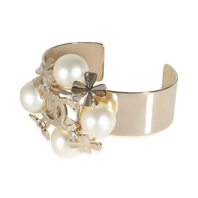 Bold bracelet for women-2022 Faux Pearl & CC Clover Cuff Gold Plated  Bracelet