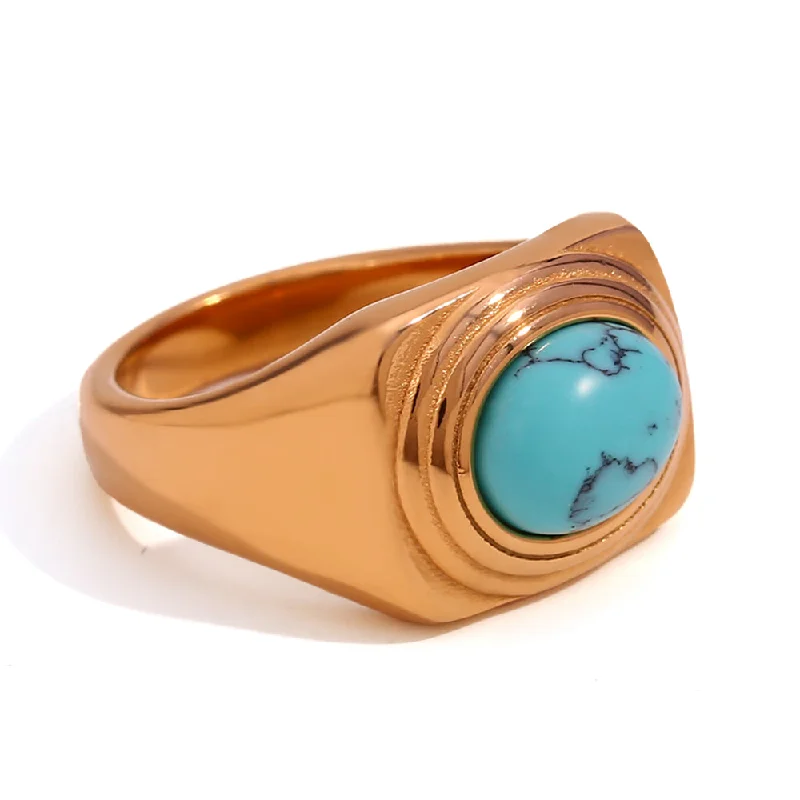 Side Thread Oval Natural Stone Ring-Turquoise