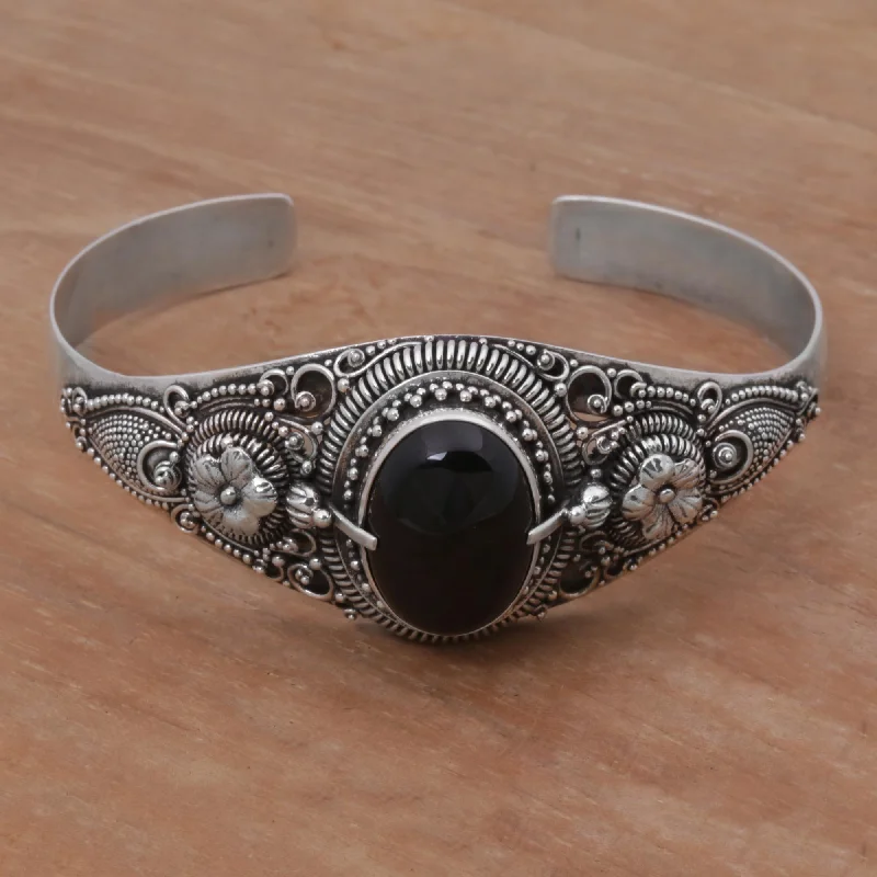 Diamond tennis bracelet for women-Balinese Magic In Black Onyx & Silver Floral Bracelet