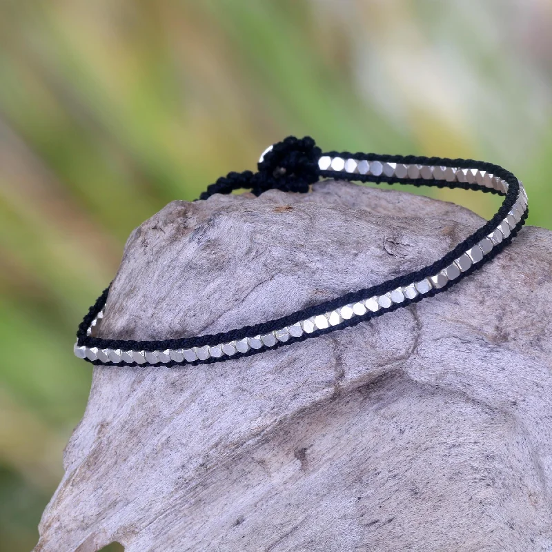 Classy bracelet for women-Black Moonlight Path Hand Knotted Black Bracelet with Sterling Silver Beads