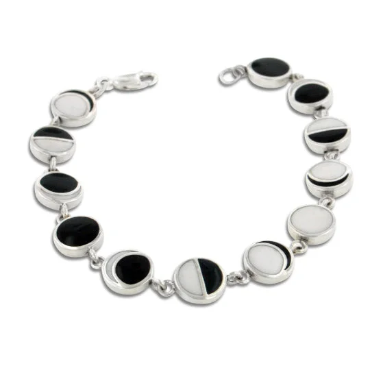 Handmade bracelet for women-Lunar Phases of the Moon Enameled Inlay Sterling Silver Link Bracelet