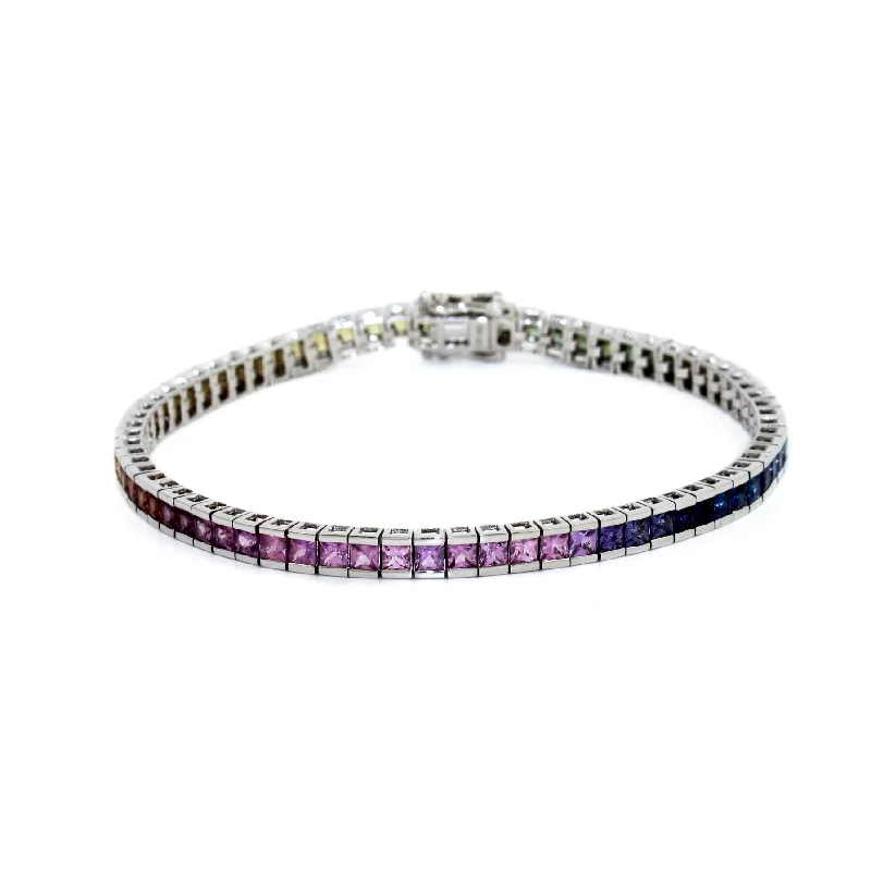 Wedding bracelet for women-14k White Gold x Rainbow Gradient Sapphire Tennis Bracelet