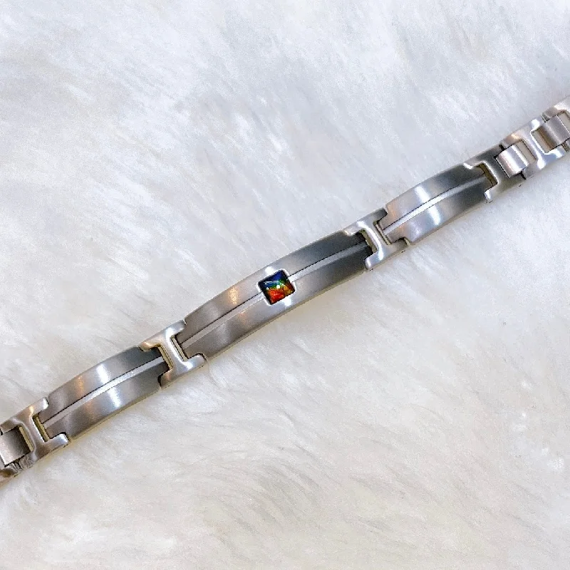 Gold charm bracelet for women-Ammolite Bracelet Grey Polished Titanium DUSK KORITE MEN'S COLLECTION