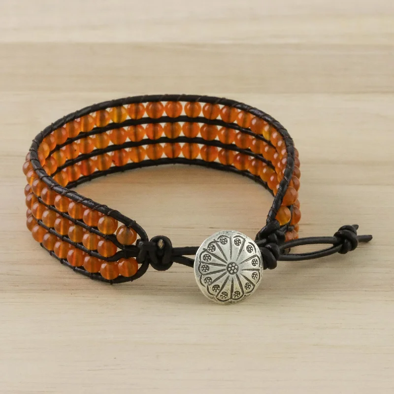 Silver and gold bracelet for women-Apricots Carnelian Bead and Karen Silver Button Wristband Bracelet