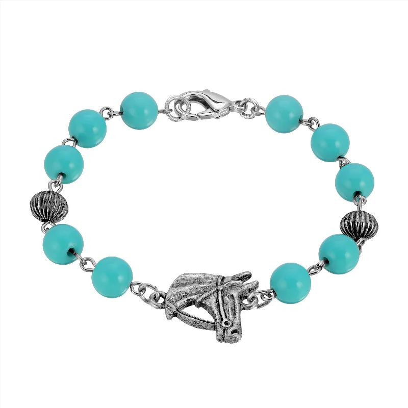 Handcrafted bangle bracelet for women-1928 Jewelry® Pewter Turquoise Bead  Horse Head Bracelet