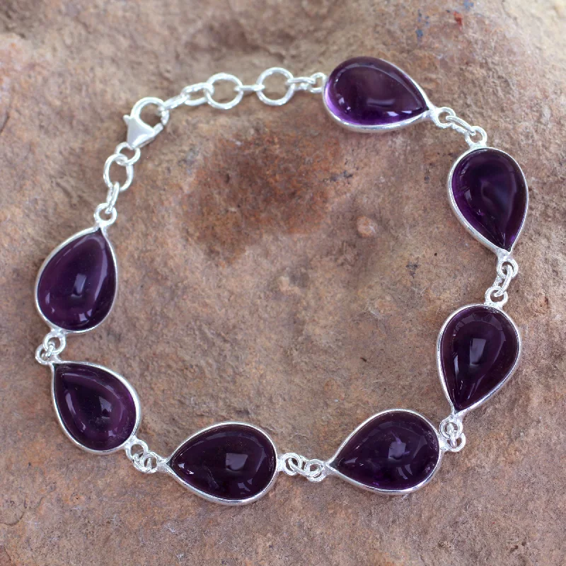 Two-tone bangle bracelet for women-Blissful Beauty Sterling Silver and Amethyst Link Bracelet