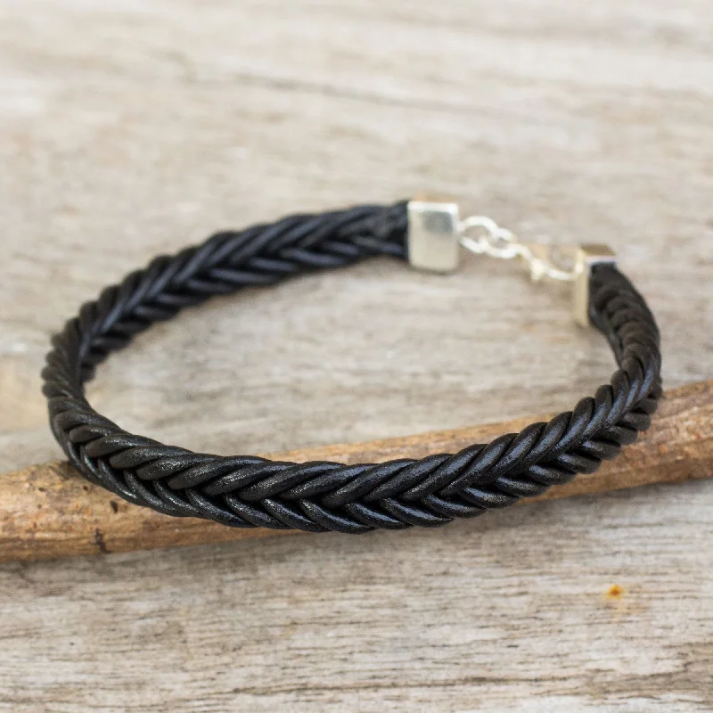 Silver bracelet for women-Assertive in Black Thai Black Leather Braided Bracelet with Silver Clasp