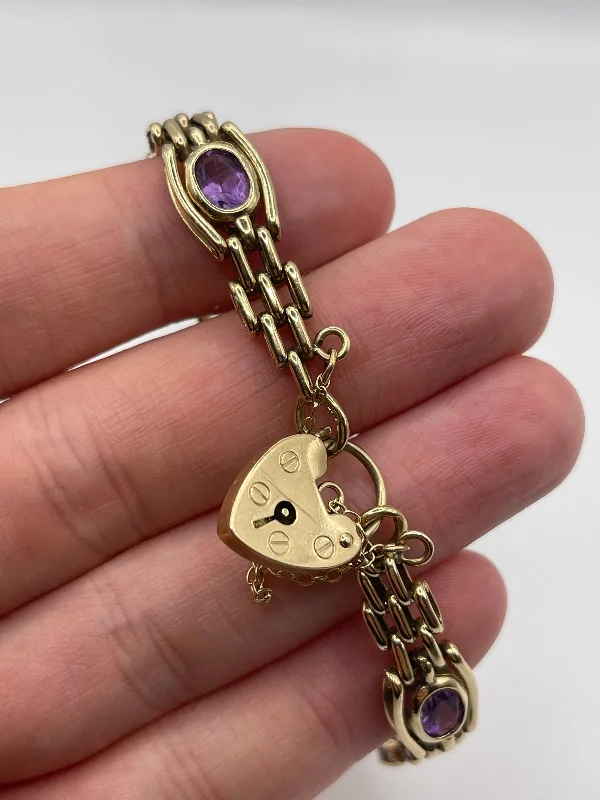 Unique bracelet for women-9ct gold amethyst padlock bracelet