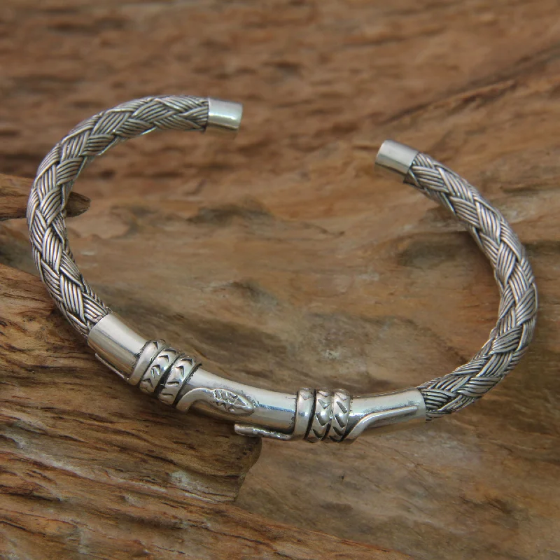 Gemstone bracelet for women-Balinese Serpents Snake Themed Sterling Silver Cuff Bracelet from Bali