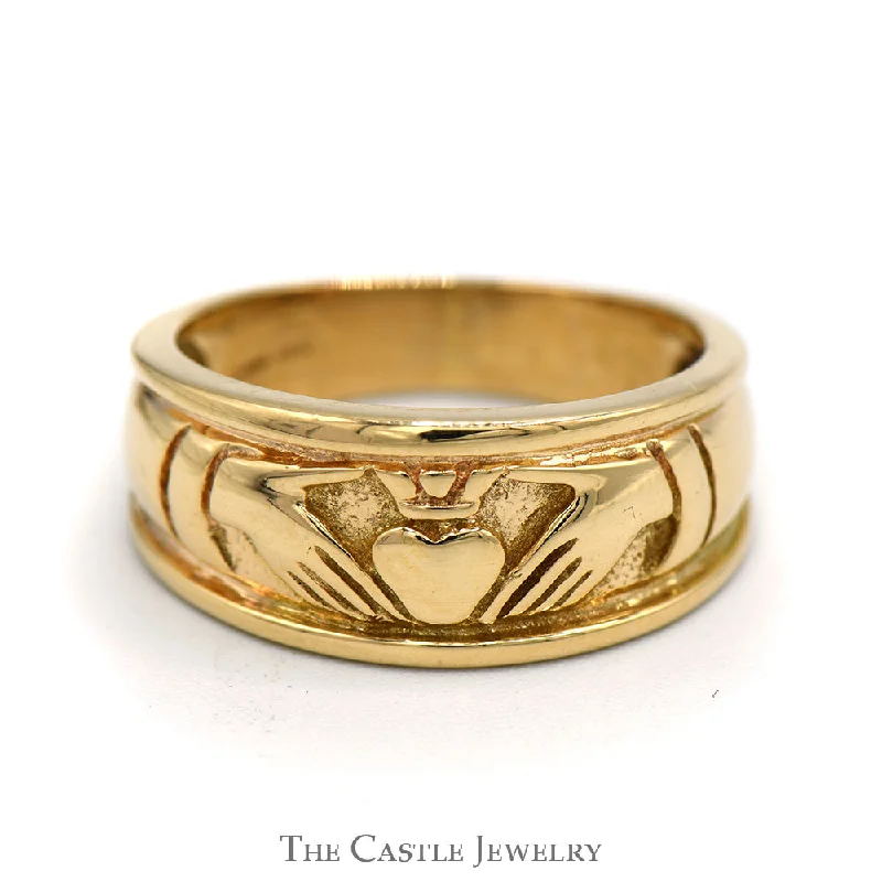 Vintage gold ring for women-14k Yellow Gold Claddagh Style Wedding Band with Ridged Design - Size 8.5