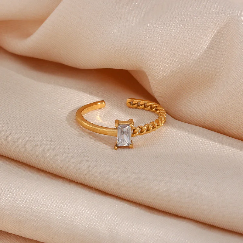 Vintage diamond ring for women-Simple Style Rectangle Stainless Steel Open Ring Plating Zircon Stainless Steel Rings