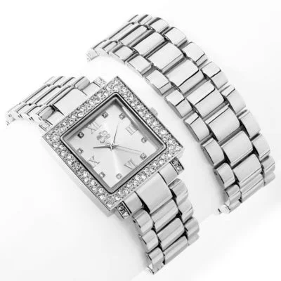 Geometric bracelet for women-Silvertone Curations with Stefani Greenfield Wrap Watch and Bracelet Set