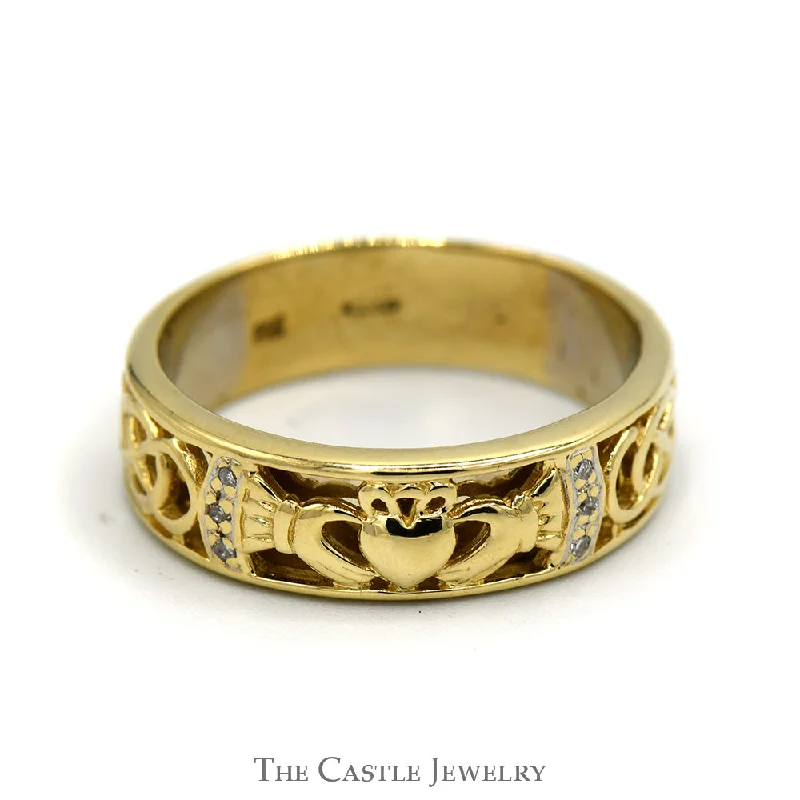 Artistic ring for women-Claddagh Designed Wedding Band with Diamond Accented Celtic Knots in 14k Yellow Gold