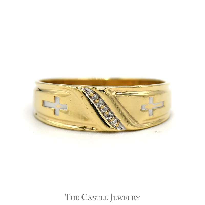 Band ring for women-Gent's Diamond Wedding Band With Cross Design .01 CTTW 10KT Yellow And White Gold