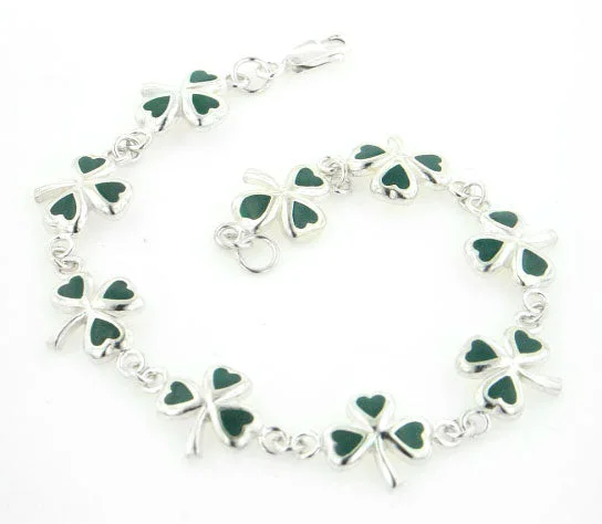 Leather bracelet for women-Green Enamel Irish Shamrock 3-Leaf Clover Sterling Silver Bracelet 7"