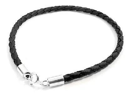 Luxury gold bracelet for women-Sterling Silver Black Braided Synthetic Leather Bracelet - 7.5"