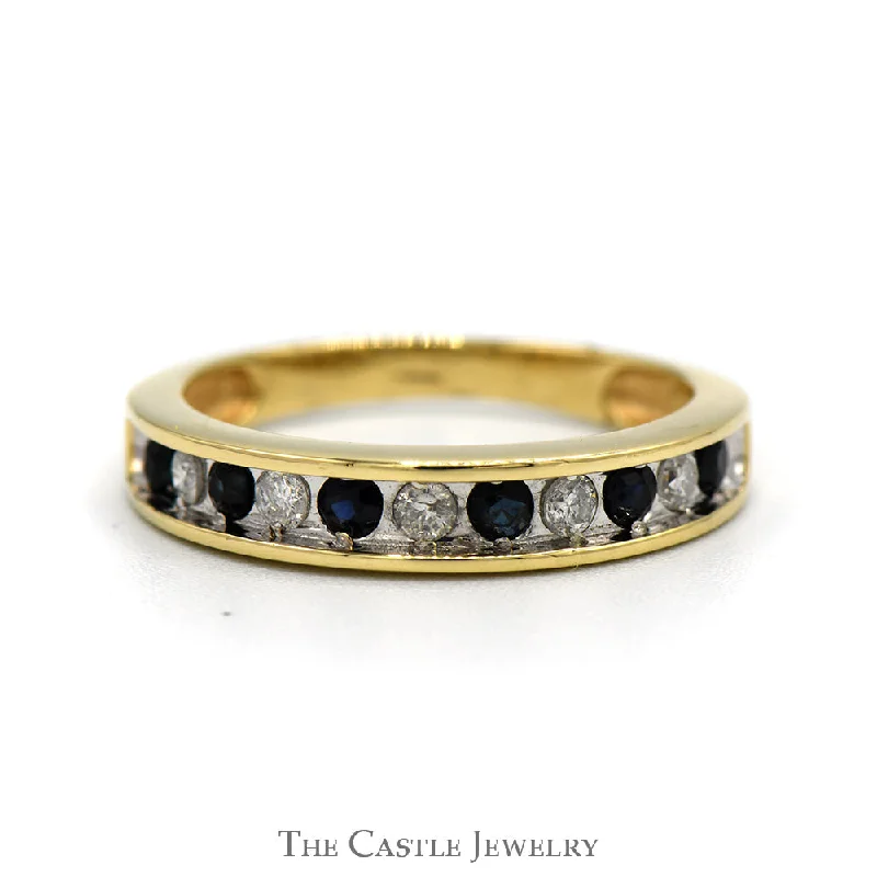 Silver engagement ring for women-Alternating Diamond & Sapphire Wedding Band in 10k Yellow Gold