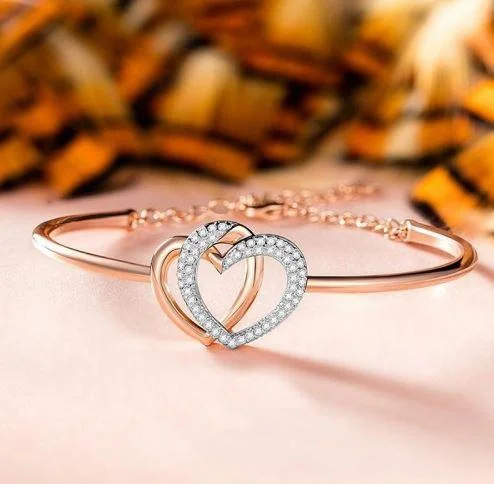 Bold bracelet for women-Rose Golden Plated American Diamond Heart Bracelet