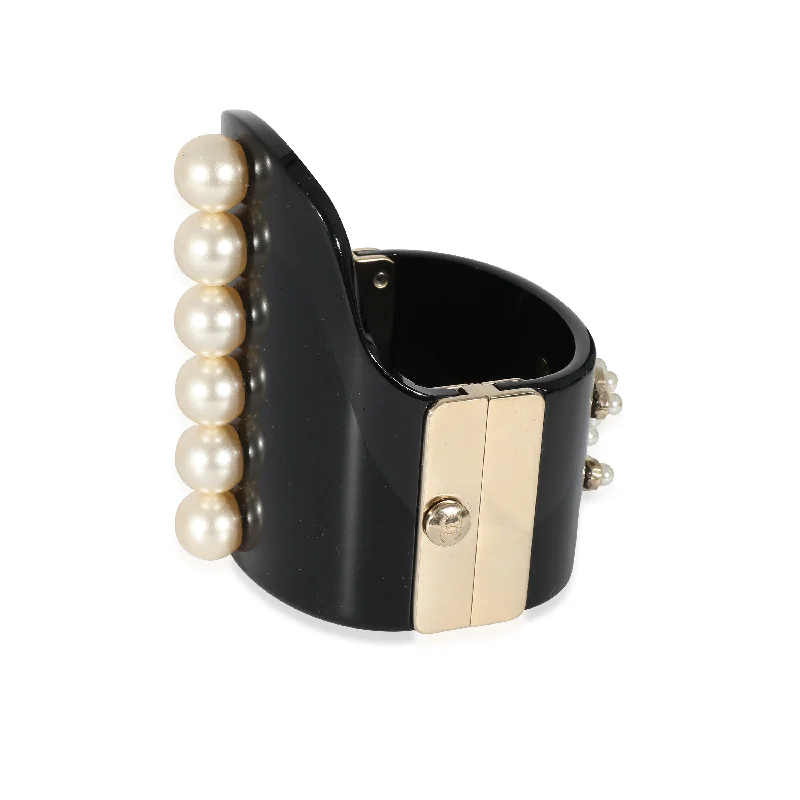 Two-tone bracelet for women-2015 Gold Tone Resin Hinged Bangle Bracelet With Faux Pearls