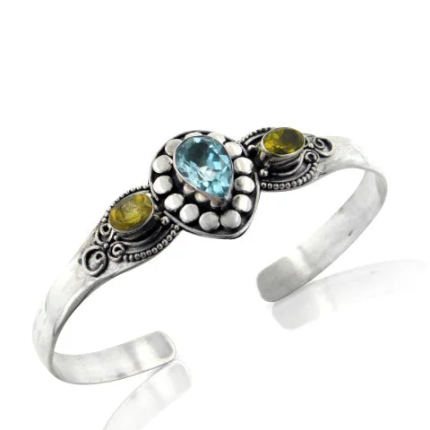 Two-tone bangle bracelet for women-Genuine Citrine and Blue Topaz Sterling Silver Cuff Bracelet