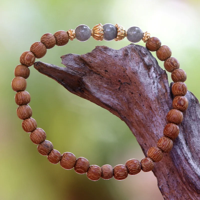 Sterling silver bracelet for women-Batuan Harmony Coconut Wood and Labradorite Beaded Stretch Bracelet