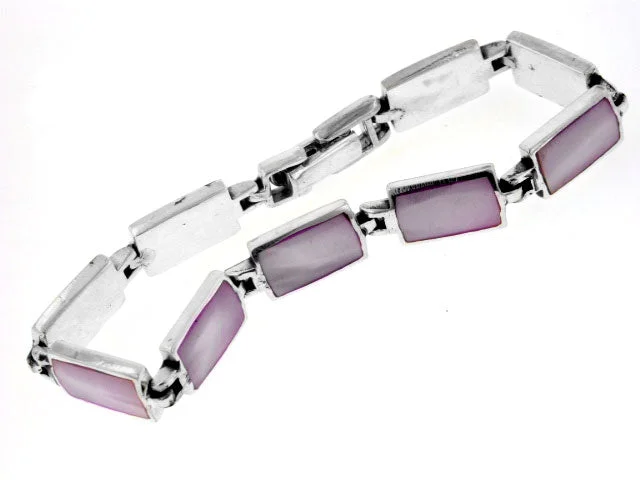 Birthstone bracelet for women-Sterling Silver Pink Mother Of Pearl MOP Shell Inlay Bracelet