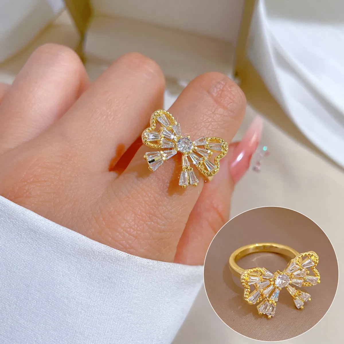 Silver ring for women-Simple Style Bow Knot Brass Zircon Open Ring In Bulk