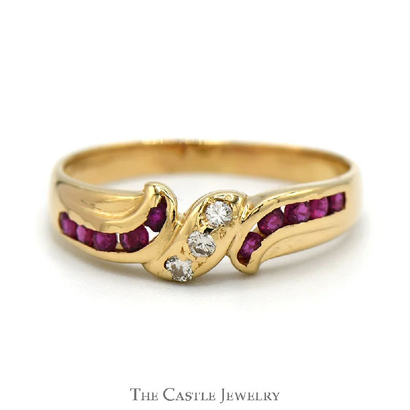 Double band ring for women-Triple Diamond Ring with Channel Set Ruby Sides in 14k Yellow Gold Bypass Band