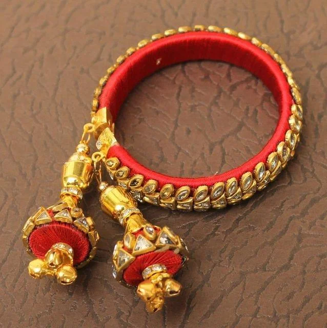 Pink bracelet for women-Designer Kundan Silk thread Adjustable Bracelet With Latkan Red