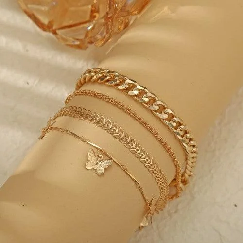 Classic gold bracelet for women-Butterfly Multi String Golden Plated Bracelet