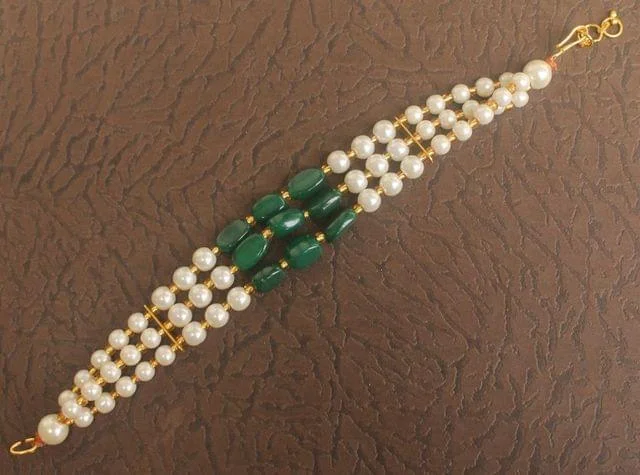 Modern bracelet for women-Glass Beaded Designer 3 Layer Bracelet Green