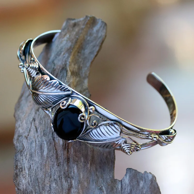 Handcrafted bracelet for women-Black Lily Floral Onyx Sterling Silver Cuff Bracelet