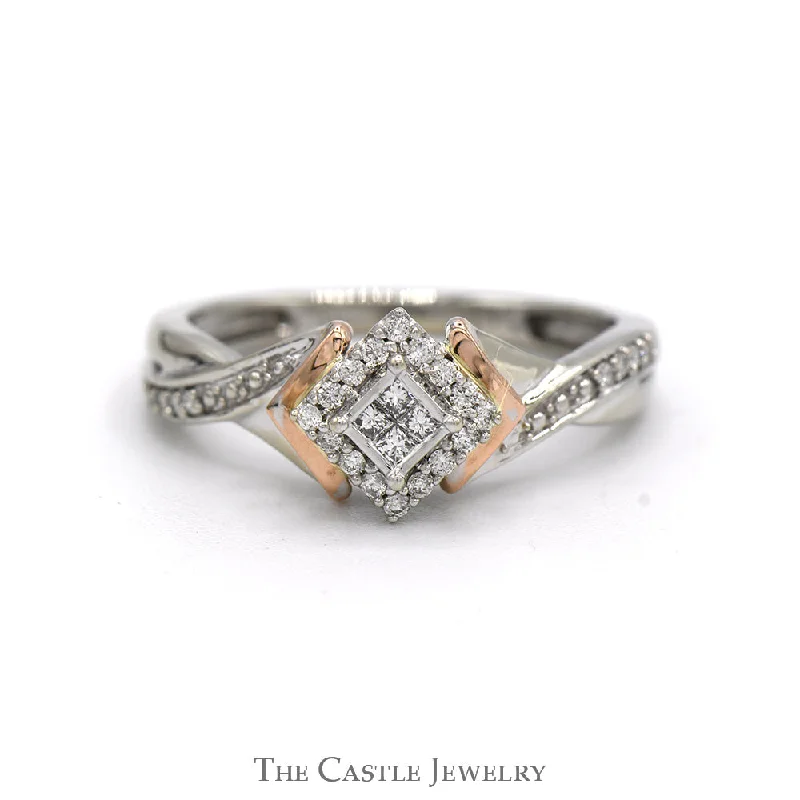 Solitaire engagement ring for women-1/4cttw Princess Cut Invisi-set Diamond Cluster Ring with Accented Sides in Two Tone 10k White & Rose Gold