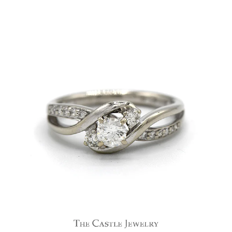 Handcrafted ring for women-1/2cttw Three Stone Engagement Ring with Diamond Accents in 14k White Gold Bypass Mounting