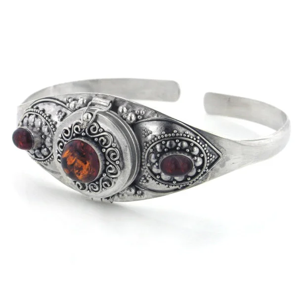 Elegant bracelet for women-Gothic Silver Amber Poison Box Locket Cuff Bracelet