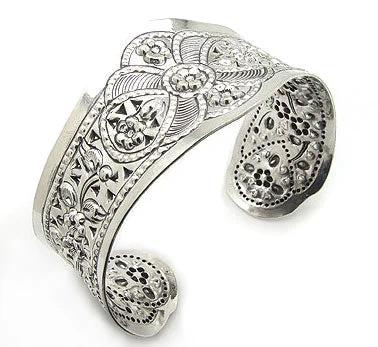 Modern bracelet for women-Wide Flower Design Embossed Sterling Silver Cuff Bracelet