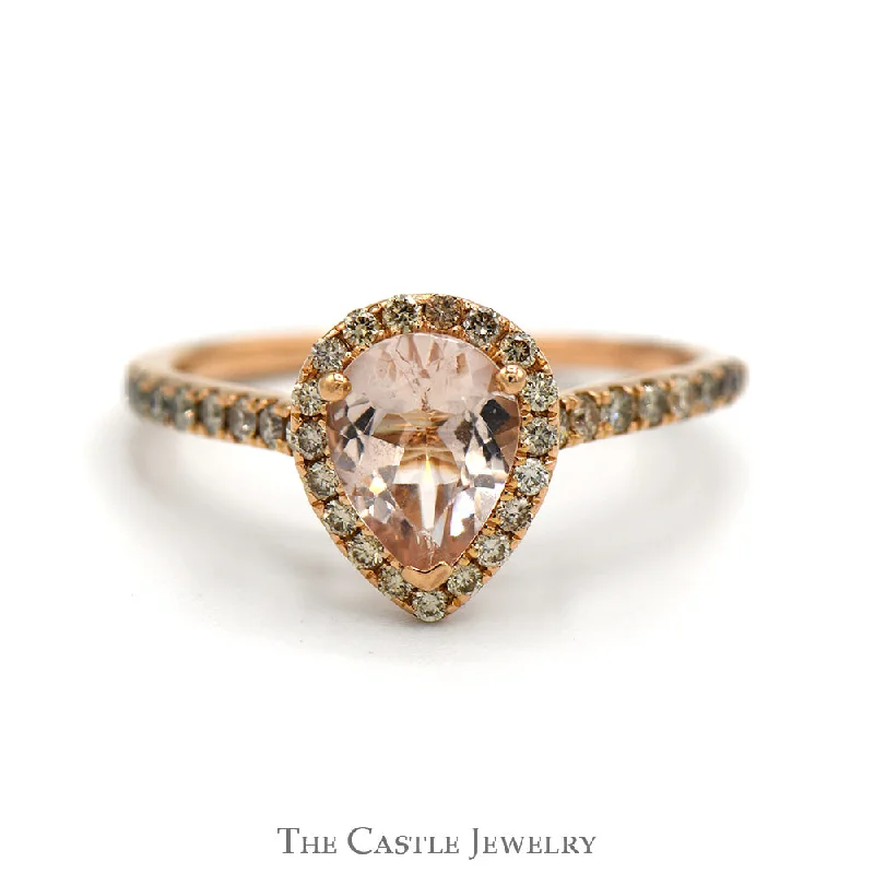 Classic engagement ring for women-Pear Cut Morganite Le Vian Designer Ring with Diamond Halo and Accented Sides in 14k Rose Gold