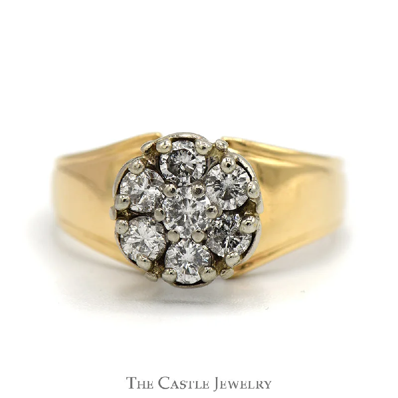 Two-tone ring for women-1cttw 7 Round Diamond Cluster Ring with Tapered Sides in 10k Yellow Gold