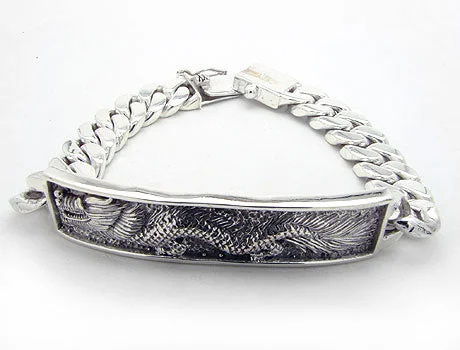 Diamond bangle for women-79gram Heavy Sterling Silver Antiqued Dragon Center Chain Bracelet 8" Length