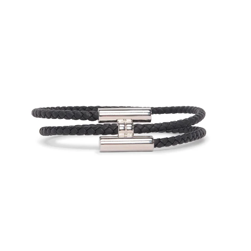 Luxury bracelet for women-Hermes Black Braided Leather Tournis Tresse Bracelet