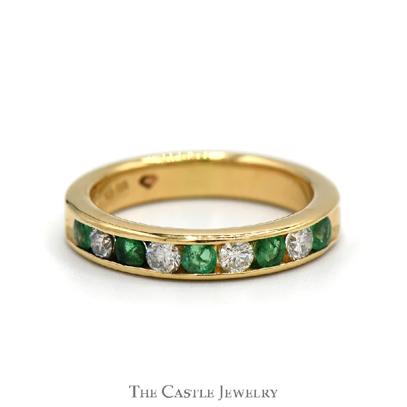 Cushion cut diamond ring for women-Alternating Round Diamond and Emerald Wedding Band in 14k Yellow Gold