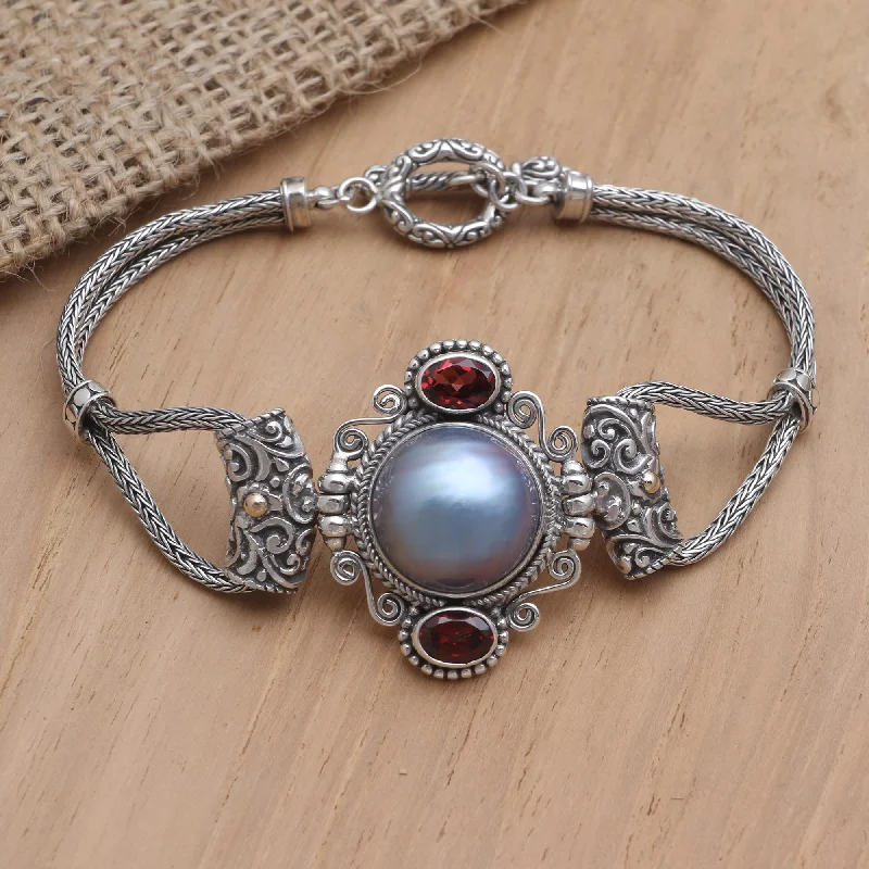 Heart bracelet for women-Beach House Gold-Accented Mabe Pearl and Garnet Pendant Bracelet